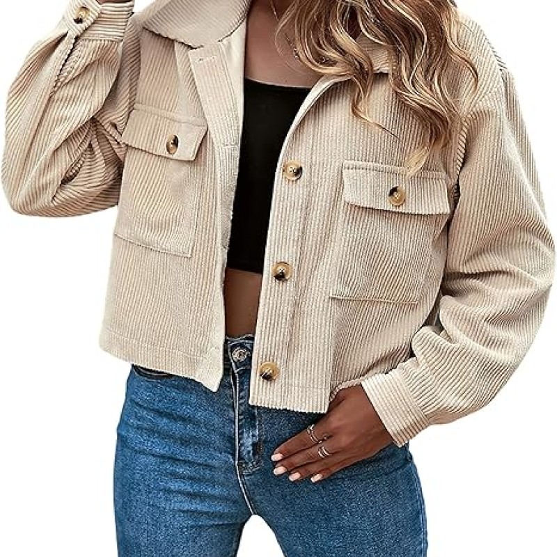 Women's Fashion Cropped Shacket Button Down Corduroy Shacket Jackets Casual Plaid Long Sleeve Crop Jackets Tops